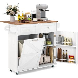 Giantex Kitchen Island Cart with Hidden Tilt Out Trash Can Cabinet, Drop Leaf, 2 Drawers, Towel Rack, Rolling Mobile Breakfast Bar Table, Wood Kitchen Storage Cart on Wheels (White & Natural)(White & Natural)