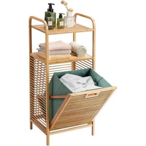 Giantex Laundry Hamper Tilt-Out Laundry Linen Hamper Bamboo Freestanding Clothes Basket W/Shelf & Removable Liner, Storage Laundry Shelf for Bathroom Living Room Bedroom, Natural(Natural+Green)