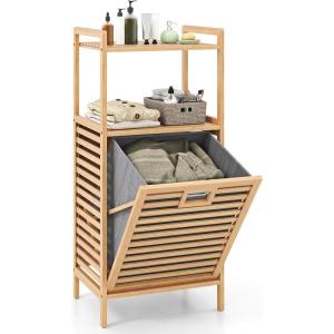 Giantex Laundry Hamper Tilt-Out Laundry Linen Hamper Bamboo Freestanding Clothes Basket W/Shelf & Removable Liner, Storage Laundry Shelf for Bathroom Living Room Bedroom, Natural(Natural+Gray)