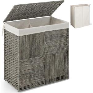 Giantex Laundry Hamper with Lid, 29 Gal (110L) Wicker Laundry Basket with 2-section Liner Bag, Removable & Washable, Foldable PP Rattan Clothes Hamper with Handle for Bathroom Bedroom (Gray)(Gray)