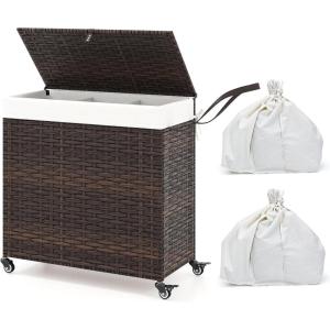 Giantex Laundry Hamper with Wheels and Lid, 125L Rattan Clothes Hamper with 2 Removable Liner Bags & Handle, 3-Section Foldable Laundry Sorter, Rolling Wicker Laundry Basket for Bathroom(Black)(Brown)