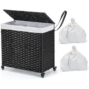 Giantex Laundry Hamper with Wheels and Lid, 125L Rattan Clothes Hamper with 2 Removable Liner Bags & Handle, 3-Section Foldable Laundry Sorter, Rolling Wicker Laundry Basket for Bathroom(Black)(Black)