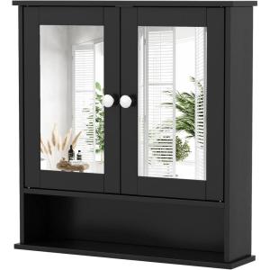Giantex Medicine Cabinet, Bathroom Wall Cabinet with 2 Mirrored Doors, Adjustable Shelf, Open Compartment, Wall Mounted Cabinet, Over The Toilet Storage Cabinet, 22″ x 5″ x 23″ Cupboard (Grey)(Black)