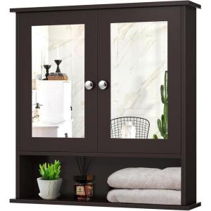 Giantex Medicine Cabinet, Bathroom Wall Cabinet with 2 Mirrored Doors, Adjustable Shelf, Open Compartment, Wall Mounted Cabinet, Over The Toilet Storage Cabinet, 22″ x 5″ x 23″ Cupboard (Grey)(Brown)