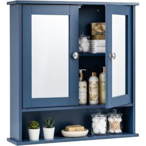 Giantex Medicine Cabinet, Bathroom Wall Cabinet with 2 Mirrored Doors, Adjustable Shelf, Open Compartment, Wall Mounted Cabinet, Over The Toilet Storage Cabinet, 22″ x 5″ x 23″ Cupboard (Grey)(Blue)