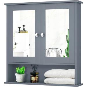Giantex Medicine Cabinet, Bathroom Wall Cabinet with 2 Mirrored Doors, Adjustable Shelf, Open Compartment, Wall Mounted Cabinet, Over The Toilet Storage Cabinet, 22″ x 5″ x 23″ Cupboard (Grey)(Grey)