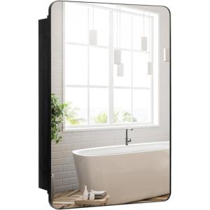 Giantex Medicine Cabinet Mirror, 20×30” Bathroom Cabinet with Beveled Mirror, Adjustable Shelves, Rounded Rectangle Frame, 2 Installation Method, Recessed Wall Cabinet, Wall Mount Cabinet, Matt Black