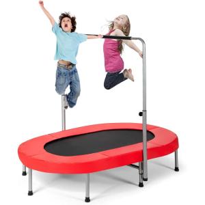 Giantex Mini Trampoline, 2 Persons Foldable Fitness Trampoline w/ 5 Levels Height Adjustable Handle, Max Load 330LBS, Indoor Oval Rebounder Exercise Trampoline for Adult, Kid, Enjoy Parent-child Time
