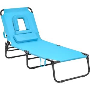 Giantex Outdoor Chaise Lounge Chair – Folding Beach Chair with 5 Adjustable Positions, Hole, Detachable Pillow, Hand Ropes, Lounger for Sunbathing, Poolside, Yard, Patio Lawn Chair (2, Beige)(Turquoise)