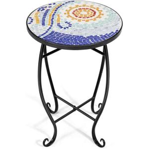 Giantex Outdoor Side Table, Mosaic Patio Table, 14inch Accent Table Plant Stand Indoor, Ceramic Tile Top Metal Frame, Small End Table Porch Beach Patio Garden Balcony Poolside(Sun)