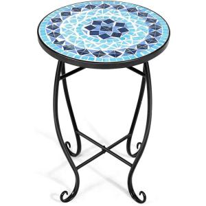 Giantex Outdoor Side Table, Mosaic Patio Table, 14inch Accent Table Plant Stand Indoor, Ceramic Tile Top Metal Frame, Small End Table Porch Beach Patio Garden Balcony Poolside(Ocean)