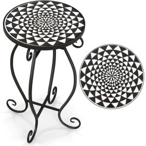 Giantex Outdoor Side Table, Mosaic Patio Table, 14inch Accent Table Plant Stand Indoor, Ceramic Tile Top Metal Frame, Small End Table Porch Beach Patio Garden Balcony Poolside(Monochrome)
