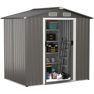 Giantex Outdoor Storage Shed 6 x 4 FT, Double Sliding Door, 4 Front and Back Vent, Galvanized Metal Garden Storage Room, Weather Resistant Tool Storage Shed for Backyard Patio Lawn (Gray)(Gray)
