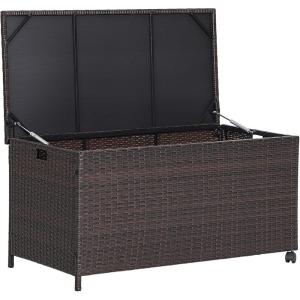 Giantex Outdoor Wicker Storage Box – 50 Gallon PE Rattan Storage Container with Lid, Waterproof Liner, Universal Wheels, Deck Storage for Pillows, Cushions, Gardening Tools, Mix Brown