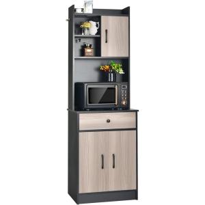 Giantex Pantry Organizers and Storage, Tall Buffet Hutch Cabinet with Drawer Cabinet Shelf, High Cupboard Sideboard, Stationary Microwave Stand, Wood Countertop (Black & Natural)