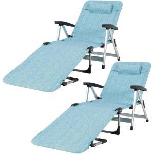 Giantex Patio Chaise Lounge Chair 7 Adjustable Position Folding Camping Cot, Outdoor Lounger with Cup Holder, Detachable Pillow, Beach Sleeping Recliner for Poolside, Lawn Sunbathing Chair (2, Blue)