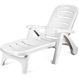 Giantex Patio Chaise Lounge Recliner on Wheels, Folding Deck Chair with Armrests, 5 Adjustable Positions for Poolside, Yard, Garden Rolling Outdoor Lounger Sunbathing Beach Chair(1, Gray)(White)