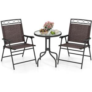 Giantex Patio Dining Set Round Glass Table with 2 Patio Folding Chairs, Outdoor Table and Chairs for Garden, Pool, Backyard, Tempered Glass Tabletop with Umbrella Hole (Brown)(Brown)