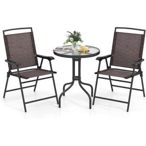 Giantex Patio Dining Set with 2 Patio Folding Chairs, Outdoor Round Table and Chairs for Garden, Pool, Backyard, Tempered Glass Tabletop, Bistro Dining Furniture Set (Brown)(Brown)