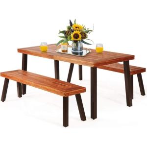 Giantex Patio Dining Table Set with 2 Benches, Outdoor Picnic Table Set with Umbrella Hole, Acacia Wood Patio Seating and Rectangular Table for Backyard, Garden, Lawn (Rustic Brown)(Rustic Brown)
