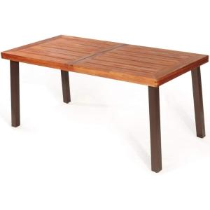 Giantex Patio Dining Table with Umbrella Hole, Outdoor Picnic Table for Backyard, Garden, Lawn, Farmhouse, Acacia Wood Rectangular Table with Metal Legs, Rustic Brown(Acacia)