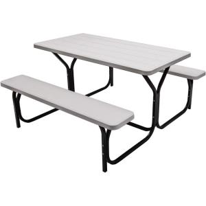 Giantex Picnic Table Bench Set Outdoor Camping All Weather Metal Base Wood-Like Texture Backyard Poolside Dining Party Garden Patio Lawn Deck Large Camping Picnic Tables for Adult (White)(White)