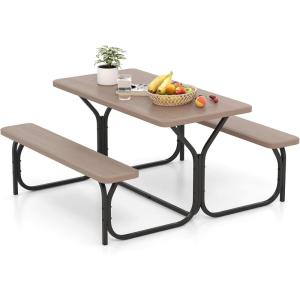 Giantex Picnic Table Bench Set Outdoor Camping All Weather Metal Base Wood-Like Texture Backyard Poolside Dining Party Garden Patio Lawn Deck Large Camping Picnic Tables for Adult (White)(Coral Reef)