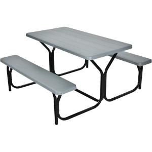 Giantex Picnic Table Bench Set Outdoor Camping All Weather Metal Base Wood-Like Texture Backyard Poolside Dining Party Garden Patio Lawn Deck Large Camping Picnic Tables for Adult (White)(Grey)