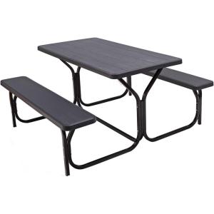Giantex Picnic Table Bench Set Outdoor Camping All Weather Metal Base Wood-Like Texture Backyard Poolside Dining Party Garden Patio Lawn Deck Large Camping Picnic Tables for Adult (White)(Black)