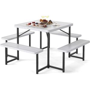 Giantex Picnic Table Bench Set for 4 People, 4.5FT Outdoor Rectangular Dining Table & 2 Benches w/Umbrella Hole, HDPE Tabletop, Metal Frame, Patio Garden Backyard Poolside (4.5FT,Non-Foldable,Gray)(White)