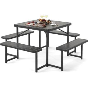 Giantex Picnic Table Bench Set for 4 People, 4.5FT Outdoor Rectangular Dining Table & 2 Benches w/Umbrella Hole, HDPE Tabletop, Metal Frame, Patio Garden Backyard Poolside (4.5FT,Non-Foldable,Gray)(Black)