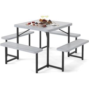 Giantex Picnic Table Bench Set for 4 People, 4.5FT Outdoor Rectangular Dining Table & 2 Benches w/Umbrella Hole, HDPE Tabletop, Metal Frame, Patio Garden Backyard Poolside (4.5FT,Non-Foldable,Gray)(Grey)