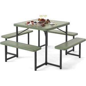 Giantex Picnic Table Bench Set for 4 People, 4.5FT Outdoor Rectangular Dining Table & 2 Benches w/Umbrella Hole, HDPE Tabletop, Metal Frame, Patio Garden Backyard Poolside (4.5FT,Non-Foldable,Gray)(Green)