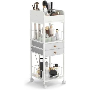 Giantex Rolling Makeup Organizer Cart with Drawers & Shelves, Cosmetic Storage Rack with Lockable Wheels, Top Display Case, Vanity Organizer for Skincare, Perfume, Brushes & Hair Tools, White
