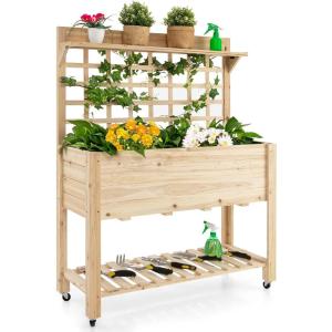 Giantex Rolling Raised Garden Bed with Trellis, Wood Planter Box on Wheels, Black Liner, Storage Shelf, Garden Trellis for Vine Climbing Flower Vegetable Herb or Hanging Tools, 41.5″x16″x 54″(Natural)