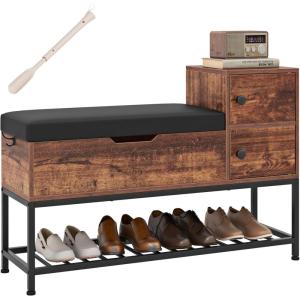 Giantex Rustic Brown Entryway Bench with Storage – Flip Top Box, 2 Door Cabinets, Padded Cushion, Shoehorn, 39.5” Shoe Organizer for Hallway Foyer(Rustic Brown)