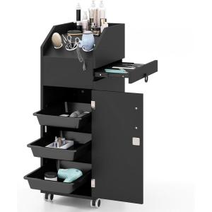 Giantex Salon Cart for Hair Stylists, Lockable Wood Trolley Cart on Wheels, 3-Drawer Storage Cabinet, Side Tool Tray, Hair Dryer Holders, Rolling Salon Station for Beauty Spa Barber Tattoo(Black)
