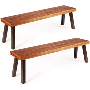 Giantex Set of 2 Outdoor Bench, Acacia Wood Patio Seating, Dining Benches for Garden, Lawn, Farmhouse and Entryway with Metal Legs, Rustic Brown and Black (2)(2)