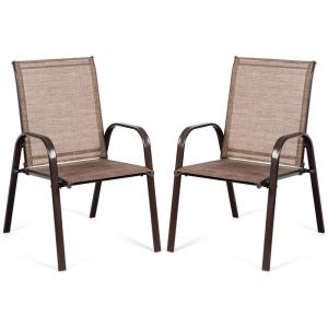 Giantex Set of 2 Patio Chairs, Outdoor Bistro Armchairs with Metal Frame, Mesh Seats, High Backrest, Patio Dining Chairs for Porch Garden Pool Balcony Yard Deck(Brown)