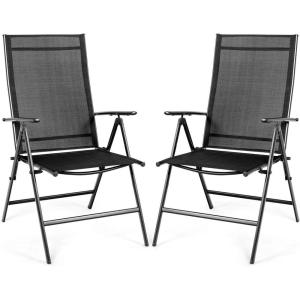 Giantex Set of 2 Patio Dining Chairs, Folding Outdoor Chairs, Portable Camping Chairs with Breathable Fabric, Foldable Chairs with Armrest High Backrest for Garden Patio Pool Beach Yard, Black(Charcoal Gray)