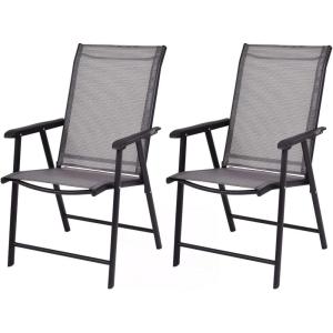 Giantex Set of 2 Patio Folding Chairs, Outdoor Chairs with Armrest, Portable Dining Chairs for Porch Camping Pool Beach Deck Lawn Garden, 2-Pack Patio Sling Chairs, Metal Frame, Grey(Grey)