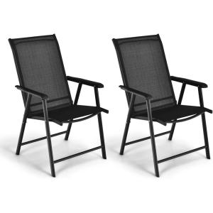 Giantex Set of 2 Patio Folding Chairs, Outdoor Chairs with Armrest, Portable Dining Chairs for Porch Camping Pool Beach Deck Lawn Garden, 2-Pack Patio Sling Chairs, Metal Frame, Grey(Black)