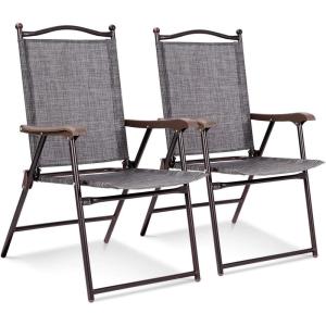 Giantex Set of 2 Patio Folding Chairs, Outdoor Patio Dining Chairs w/Armrest, Sling Back, Metal Frame, Outside Use for Lawn Camping Garden Pool Beach Yard Lounge, No Assembly, Yellow(Grey)