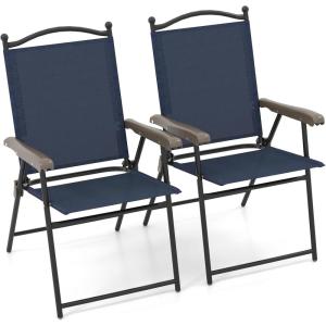 Giantex Set of 2 Patio Folding Chairs, Outdoor Patio Dining Chairs w/Armrest, Sling Back, Metal Frame, Outside Use for Lawn Camping Garden Pool Beach Yard Lounge, No Assembly, Yellow(Navy)