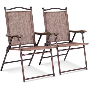 Giantex Set of 2 Patio Folding Chairs, Outdoor Patio Dining Chairs w/Armrest, Sling Back, Metal Frame, Outside Use for Lawn Camping Garden Pool Beach Yard Lounge, No Assembly, Yellow(Brown)