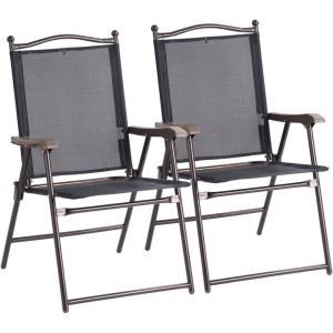 Giantex Set of 2 Patio Folding Chairs, Outdoor Patio Dining Chairs w/Armrest, Sling Back, Metal Frame, Outside Use for Lawn Camping Garden Pool Beach Yard Lounge, No Assembly, Yellow(Black)