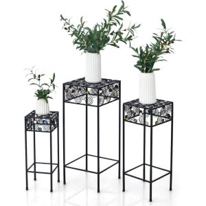 Giantex Set of 3 Metal Plant Stand, 3 Pieces Flower Pot Holder Rack with Ceramic Beads Design, Irons Planter Supports Display End Table for Home Patio Garden (Square)
