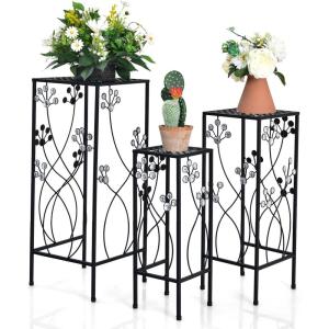 Giantex Set of 3 Metal Plant Stand, 3 Pieces Flower Pots Display Rack with Vines and Crystal Floral Design, Irons Planter Supports End Table for Home Patio Garden (Square)