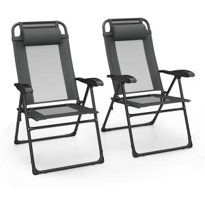 Giantex Set of 4 Patio Dining Chairs, Folding Lounge Chairs with 7 Level Adjustable Backrest, 300 Lbs Capacity, Outdoor Portable Chairs with Metal Frame(Dark Gray)