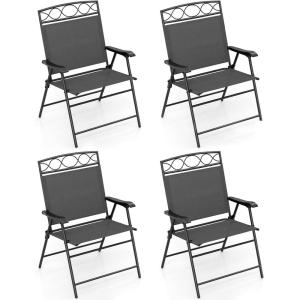 Giantex Set of 4 Patio Folding dining chairs for Camping, Beach, Backyard, Deck Portable w/Armrest and Metal Frame, 4-Pack (Brown)(Grey)
